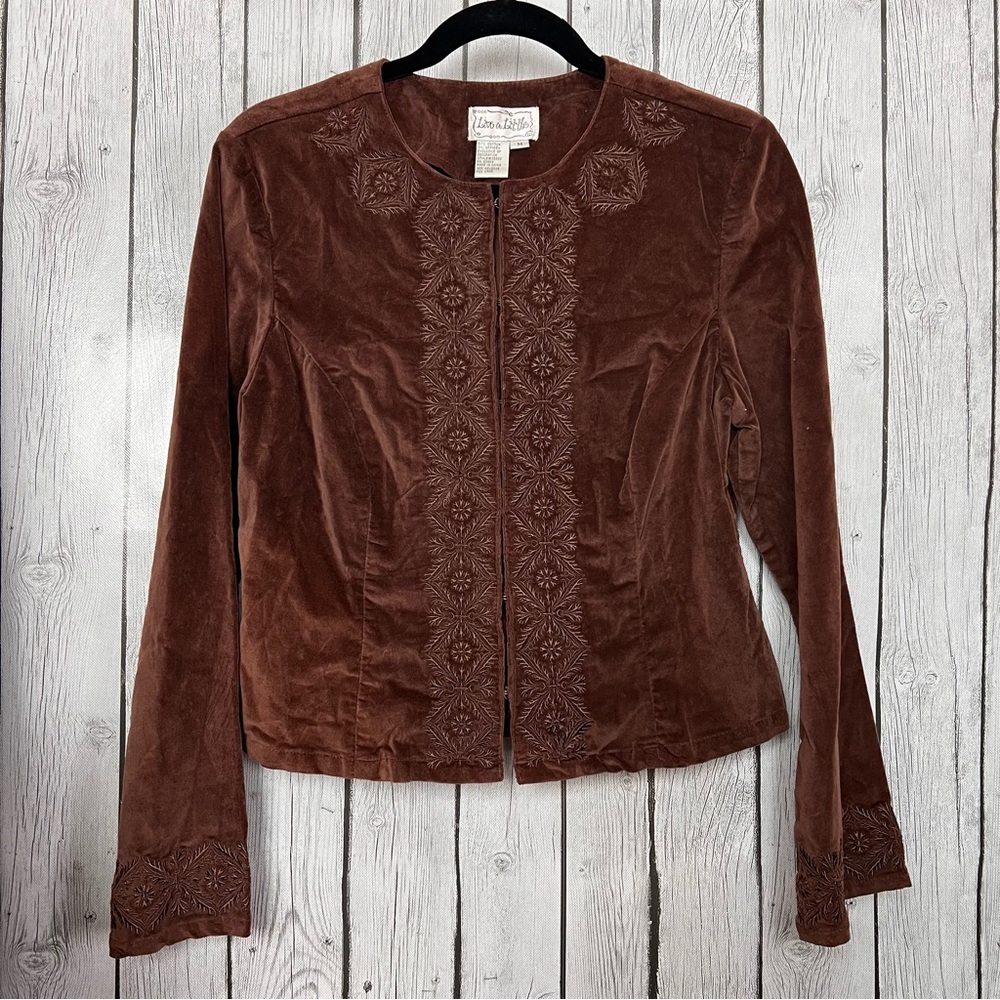 Live a Little Brown Velveteen Embroidered Jacket size M